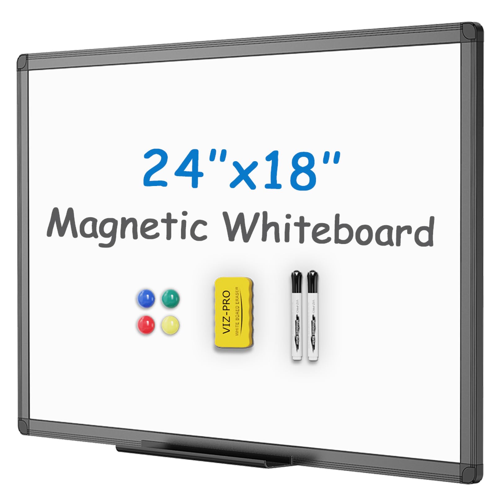 VIZ-PRO Magnetic Whiteboard/Dry Erase Board with Black Aluminium Frame, 24 X 18 Inches, Includes 1 Eraser & 2 Markers & 4 Magnets