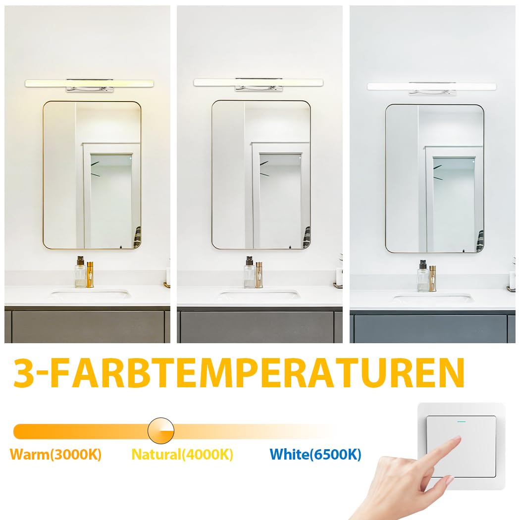 Spiegelleuchte Bad 40cm,9W Spiegelleuchte mit Verstellbarem Winkel | Drei Einstellbare Farbtemperaturen,800LM IP65 Moderne Spiegellampe Badezimmer,Teleskopstange,Rasur und Make-up Schlafzimmer