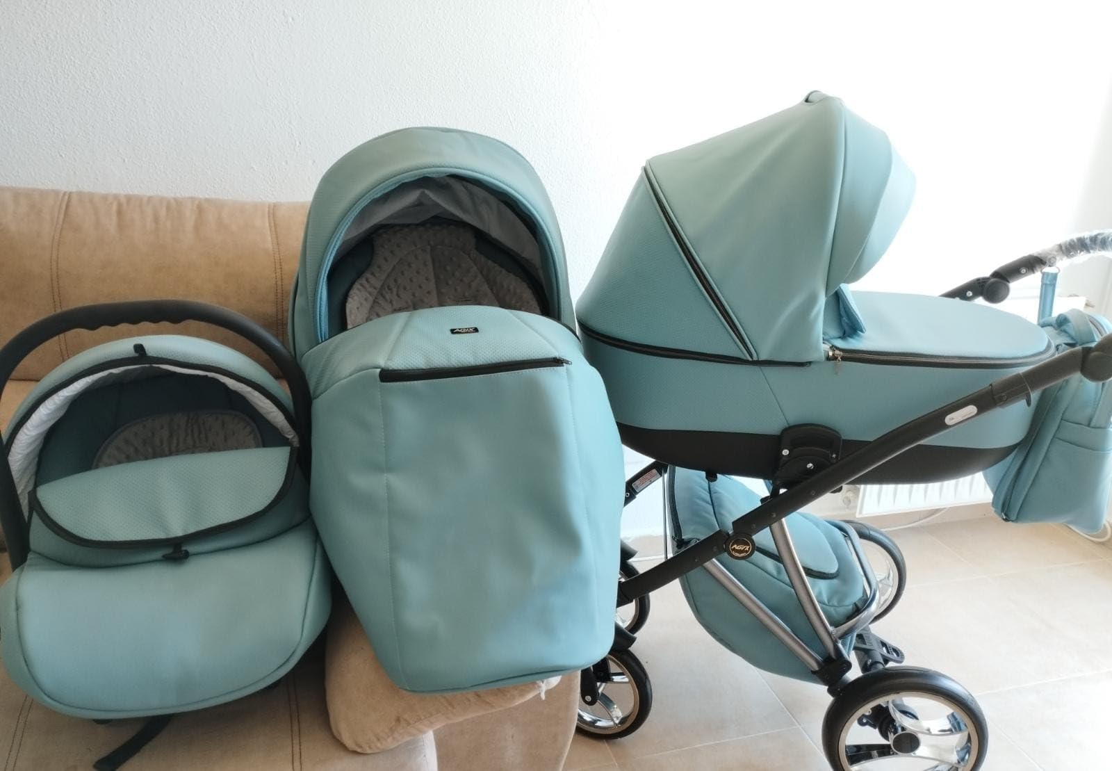 Passeggino AGIX 3in1 ecopelle i 3 pezzi e accessori. Passeggino trio Eco-pelle Sojan BBtwin (blue)