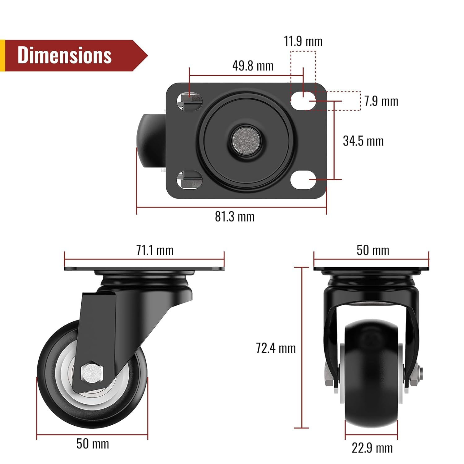 50mm Mobili Ruote per carrelli Senza Freno - Totale capacità 500kg - Scorrevole & Silenzioso Ruote - per carichi Pesanti Ruote per Mobili (Set di 8)