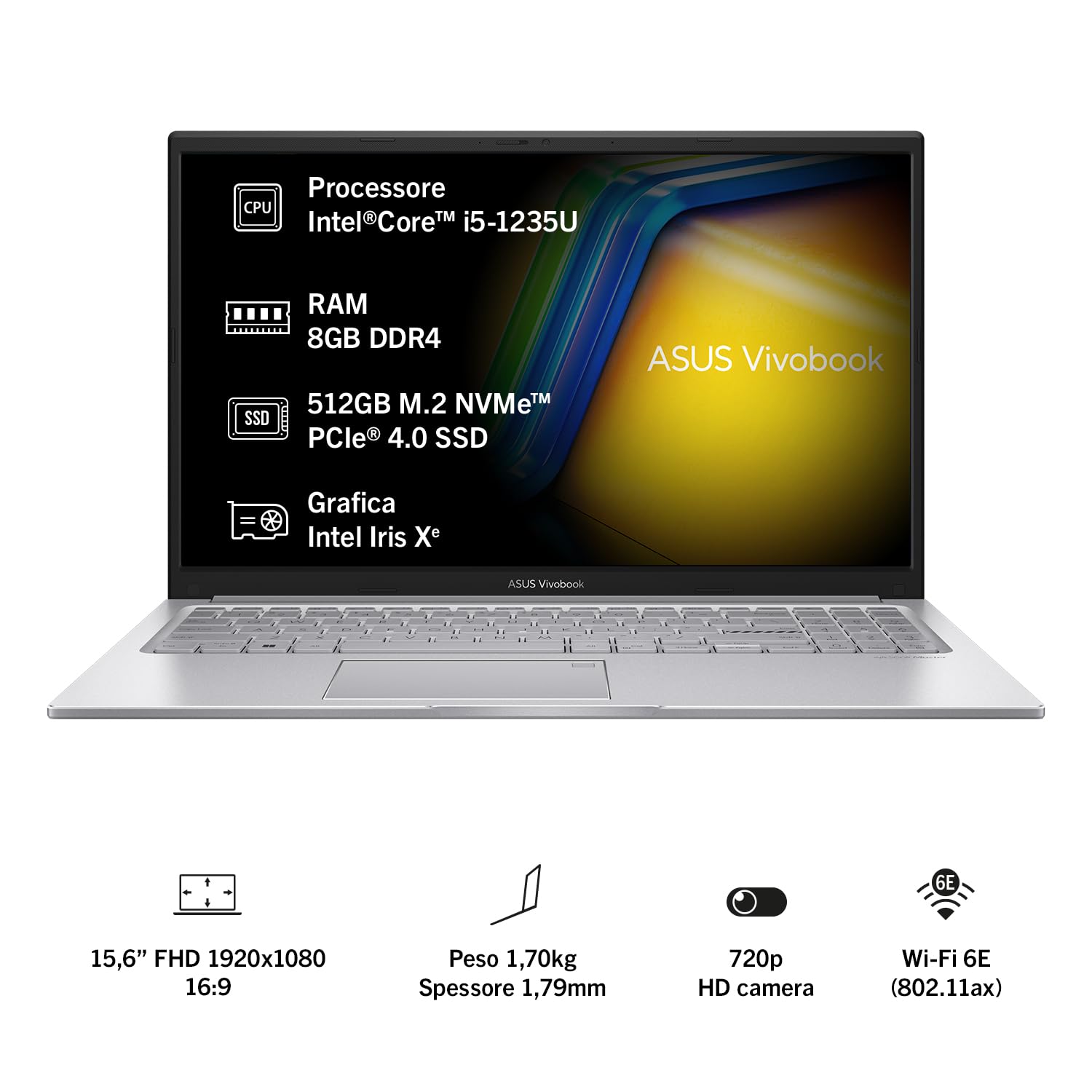 ASUS Vivobook 15 F1504ZA#B086ZSGFQ9, Notebook con Monitor da 15,6" FHD Anti-Glare, 60Hz, Intel Core 12 gen i5-1235U, RAM 8GB, 512GB SSD PCIE, Intel Iris Xᵉ Graphics, WIN 11 HOME, Argento