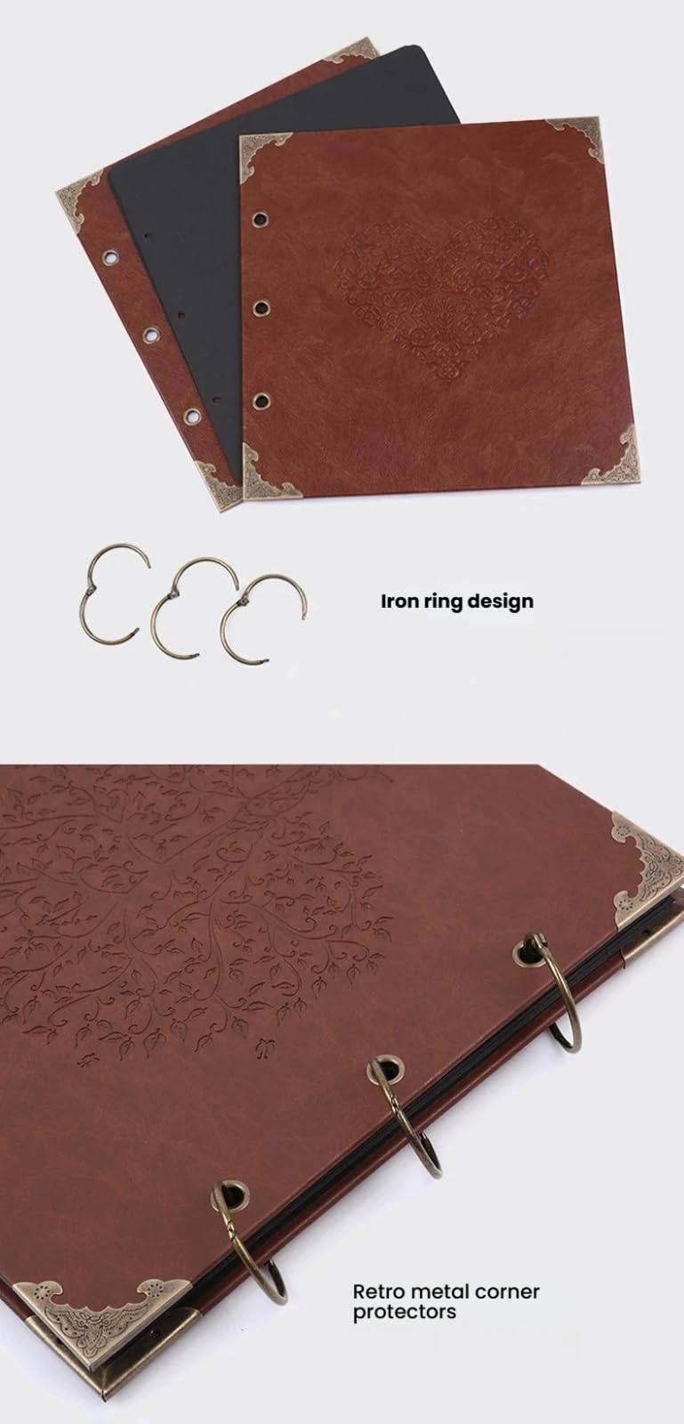 Álbum de fotos de cuero PU de 10 pulgadas, álbum de recortes de cartulina negra con anillas de hierro, álbum DIY para pegar a mano, ideal para aniversarios, viajes y vacaciones.