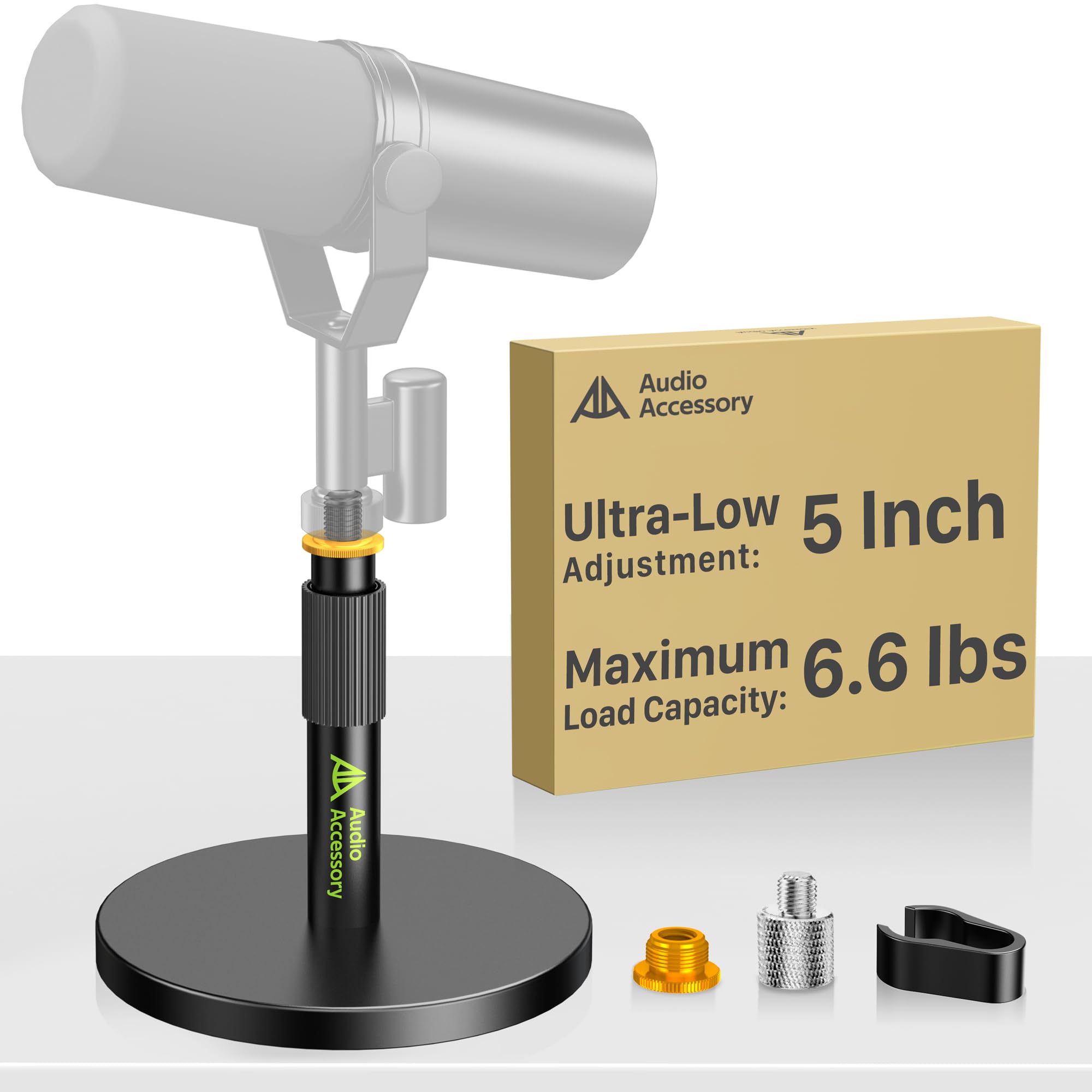 Short Mic Stand Desk, Ultra Low 5 Inch Adjustable, 6.6lbs Load Capacity, All-Metal Desktop Microphone Stand Table for Shure SM7B SM7dB MV7+ MV7X MV6, Fifine Yeti Rode PodMic MAONO