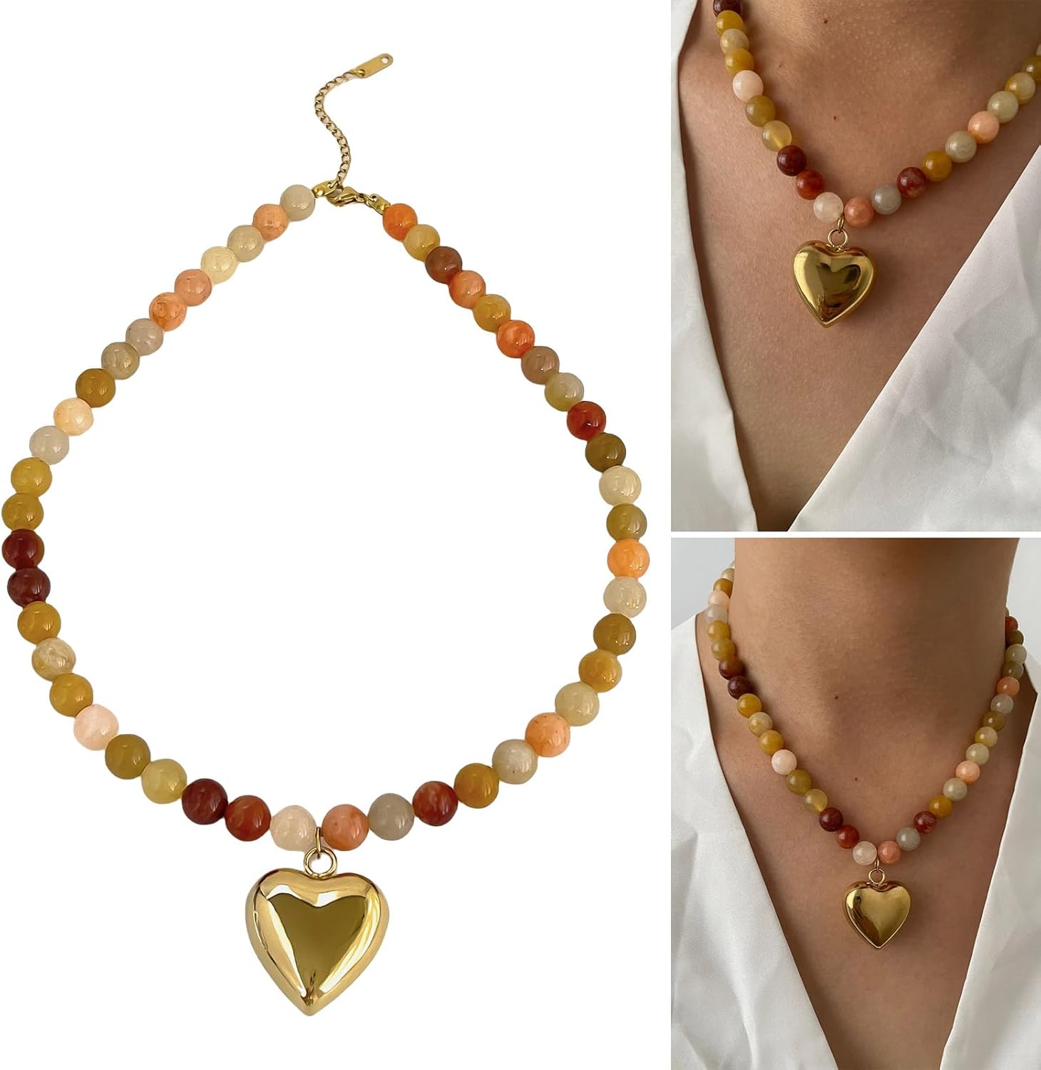 Bohemia Natural Stone Necklace Handmade Beaded Chain Necklace Gold Plated Heart Pendant Necklace Present for Women - Image 2
