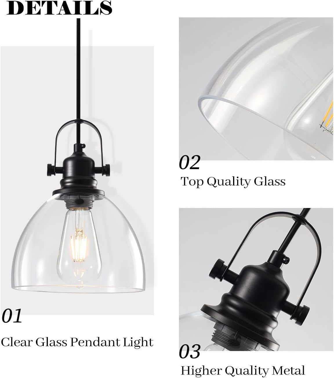 Black Pendant Lights Kitchen Island, 7.5'' Modern Glass Pendant Light 2 Pack, Farmhouse Pendant Lights with Clear Glass Shades, Hanging Island Pendant Lights for Kitchen, Bedroom, Bathroom