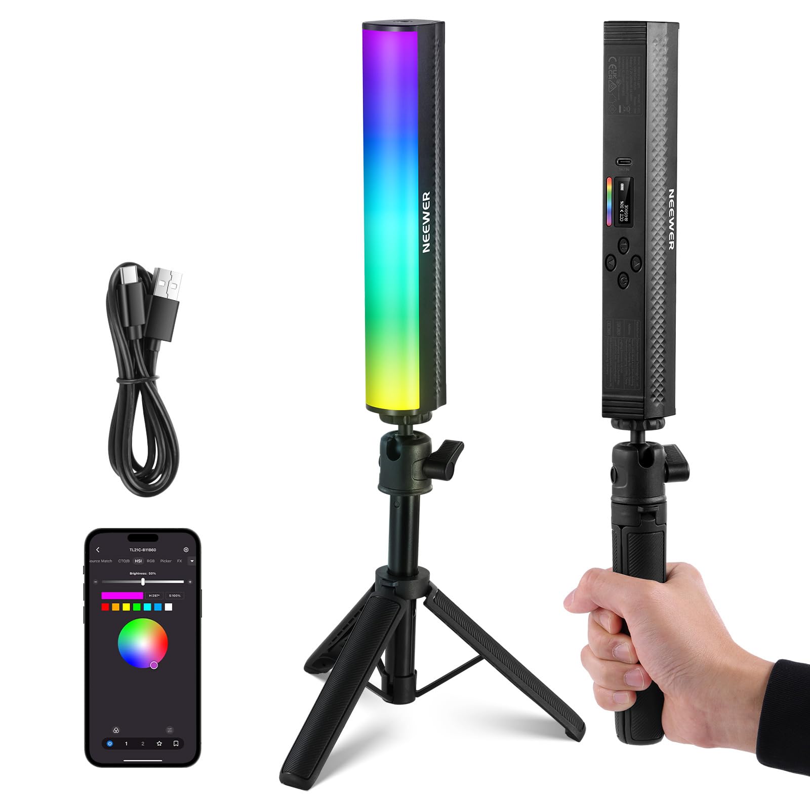NEEWER Stick LED RGB avec Trépied de Bureau, Contrôle APP, Magnétique pour Photo Vidéo, 2500K-8500K Réglable IRC95+, Tube LED Po