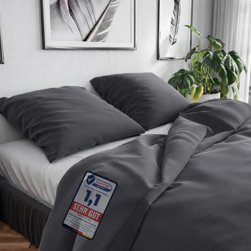 Wolkenfeld Bettwäsche 220x240 Baumwolle – Set mit 2X Kissenbezug 80x80 – Atmungsaktiv, Hautfreundlich & Pflegeleicht – Ganzjahres-Bettwäsche mit Reißverschluss, Oeko-TEX – Grau Anthrazit