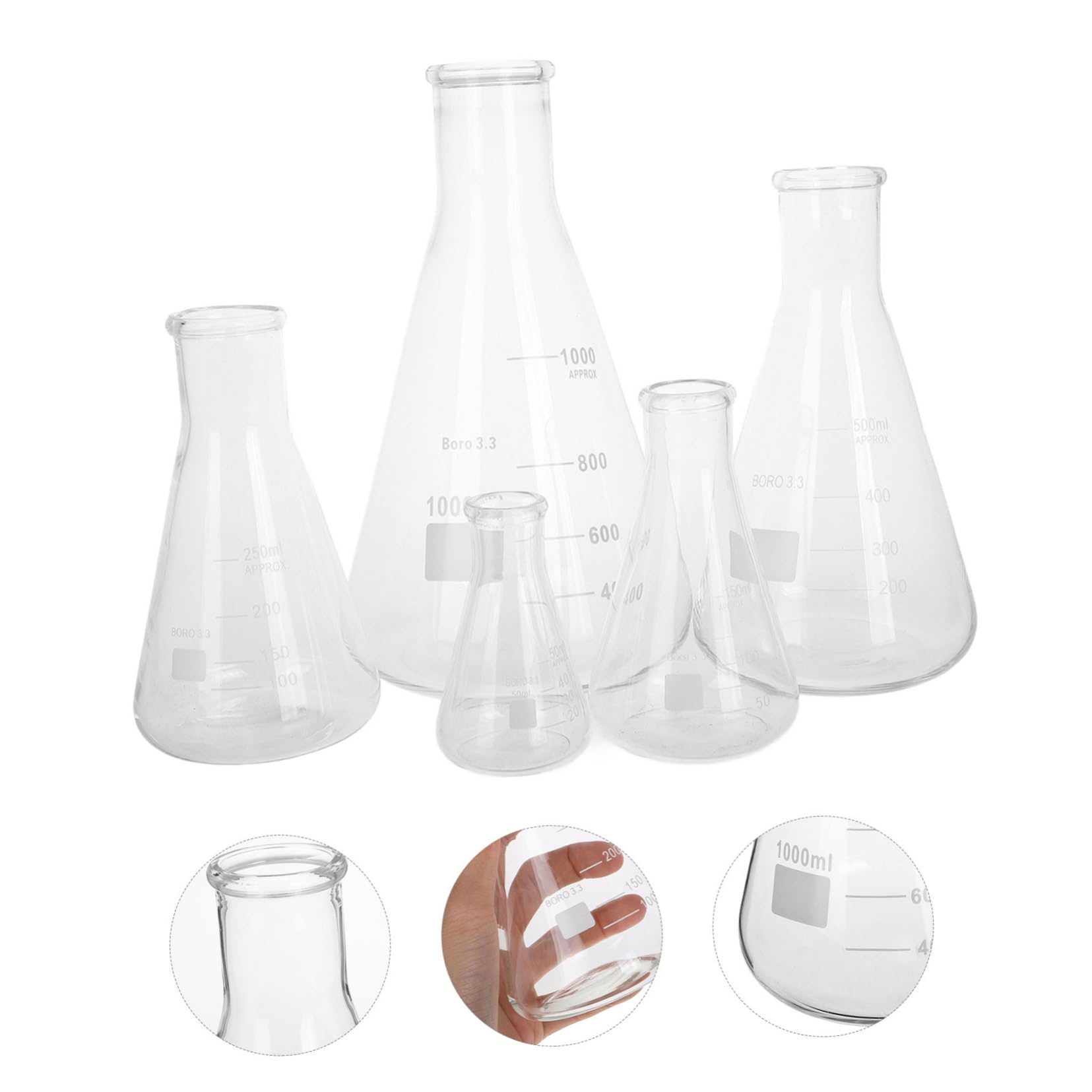 Hemobllo 5 piezas Matraz Erlenmeyer de Vidrio Borosilicato Resistente Altas Temperaturas Capacidad Variada para Laboratorio Experimentos Científicos Seguro Base Triangular