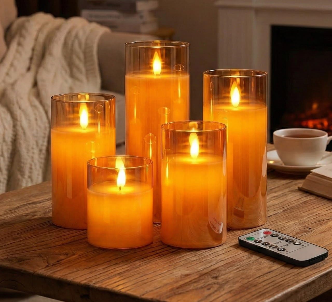 Set of 5 Premium LED Amber Glass Cup Pillar Candles with Real Wax with Moving Faux Wick | Battery Powered with Remote Controller | 3" H x4,5,6,7,8" Dia | Ideal for Home Decor and Gifting