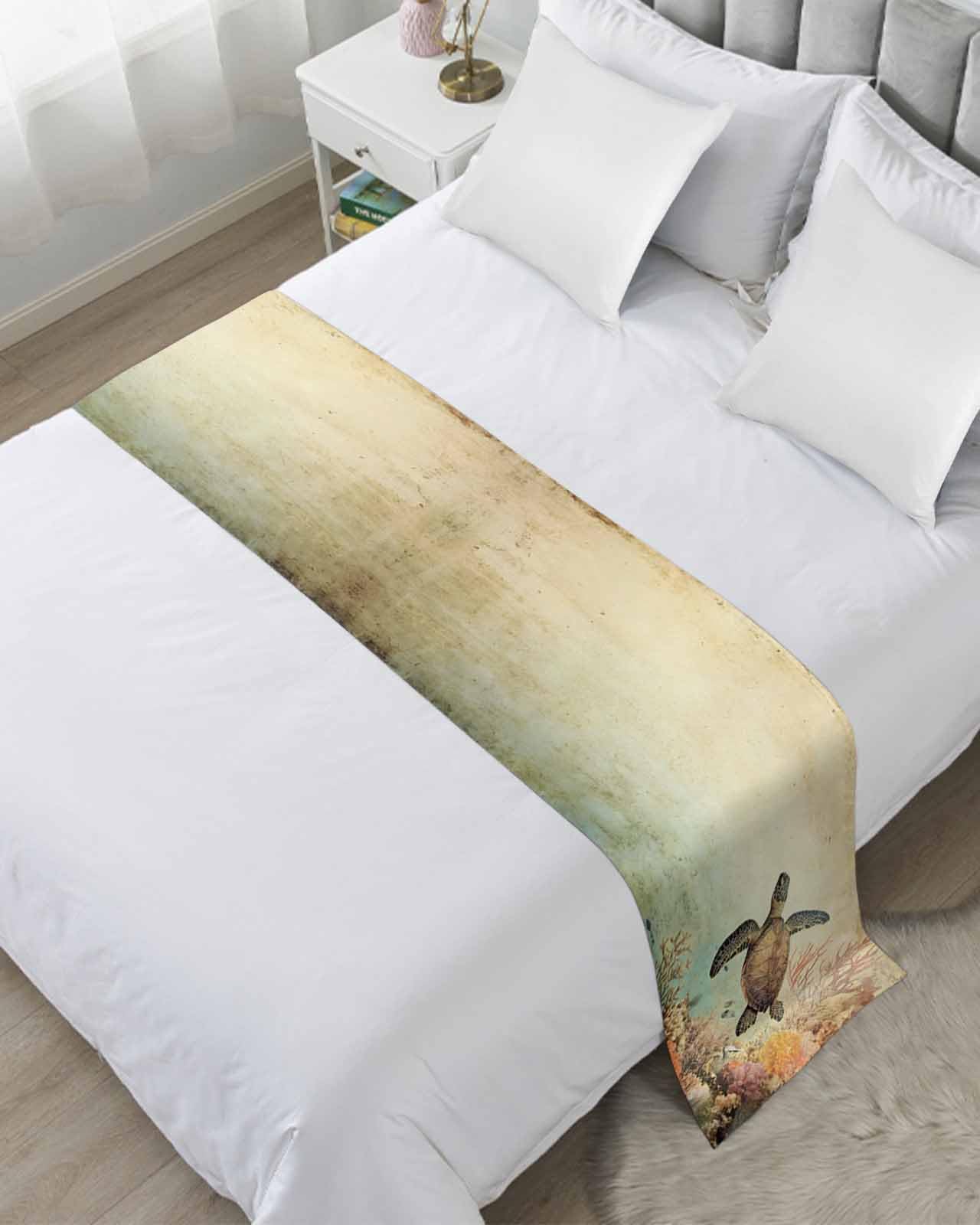 Retro Turtle Bed Runner for King Size, Ocean Coral Reef Coastal Underwater Sea Bedspread Protector Slipcover Bed Scarf for Foot Runners & Scarves for Bedroom Hotel Wedding Room 102x20 Inches