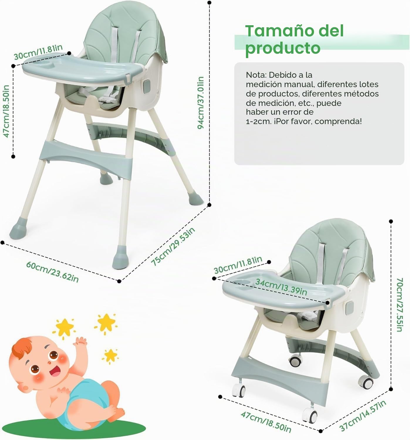 Trona bebé 5in1,Trona Plegable Para Niños, con Altura Regulable,Bandeja Extraíble y Arnés de 5 Puntos,Evolutiva Trona Evolutiva, apta Para Bebés a Partir de 6 Meses