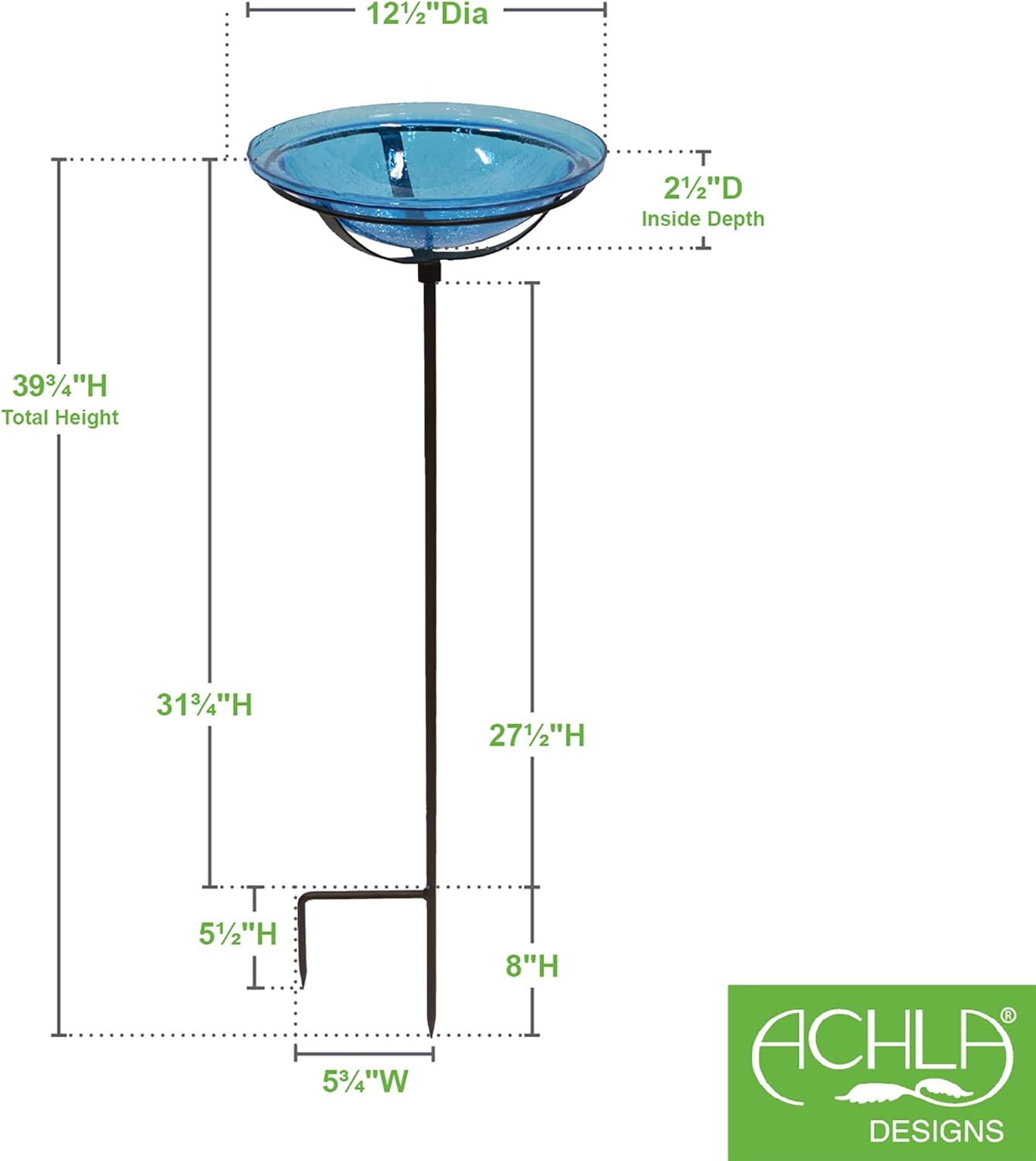Achla Designs 201-3023 Crackle Glass Bowl with Stake, 12-in, Teal Birdbath