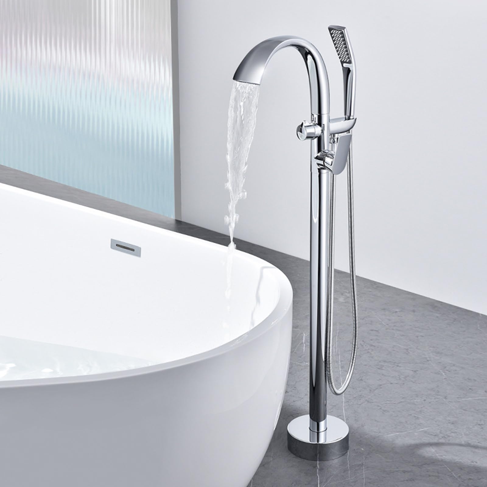 Modern Bath Mixer Tap with Shower Waterfall Bathroom Tub Tap Freestanding Bath Tap 360° Rotatable Single Hole Bathtub Mixer Waterfall with Hand Shower Chrome
