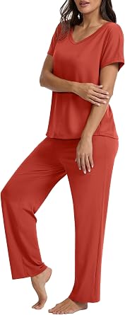 QUEZHU Womens Summer Pajamas Sets Short Sleeve Tops and Long Pants 2 Piece Lounge Soft Pjs Loungewear with Pockets