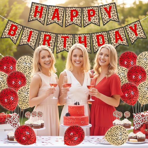Image of Cheetah Print Birthday Decorations Leopard Happy Bday Banner Red Brown and Cheetah Print Latex Balloons for Girls Women Safari Wild Animal Birthday Party Decor Supplies