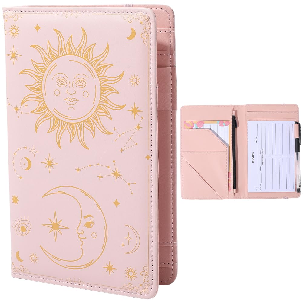 CREATCABIN Pink Server Books PU Leather Server Book with Zipper and Pocket Sun Moon Writing Instrument Waiter Waitress Clipboards Booklet Organizer for Restaurant Cafes Bars Ticket Receipt Holder