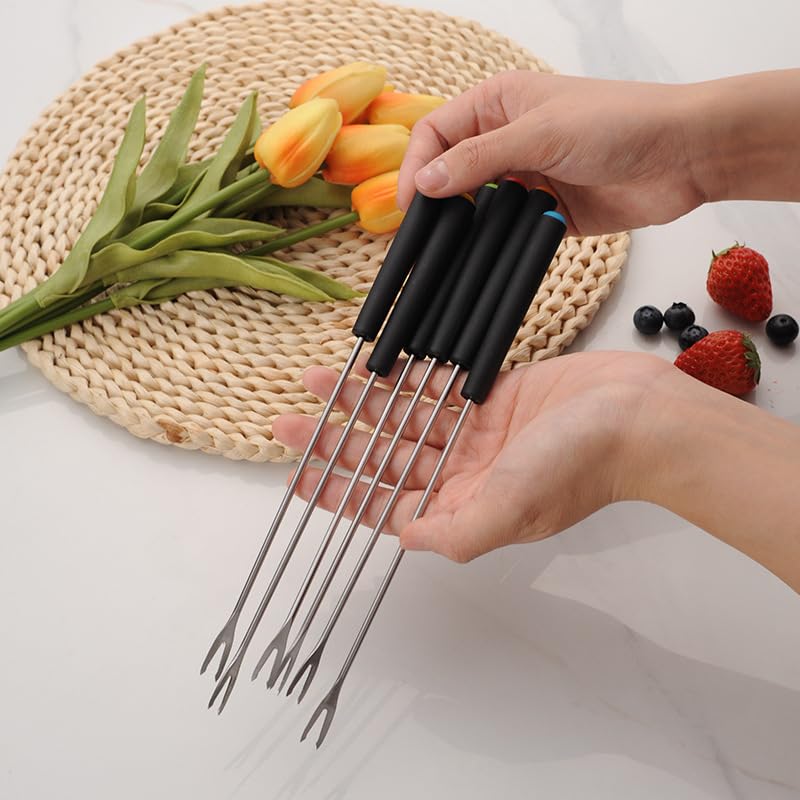 Forchette per fonduta in acciaio inox 24 cm colorate manico plastica