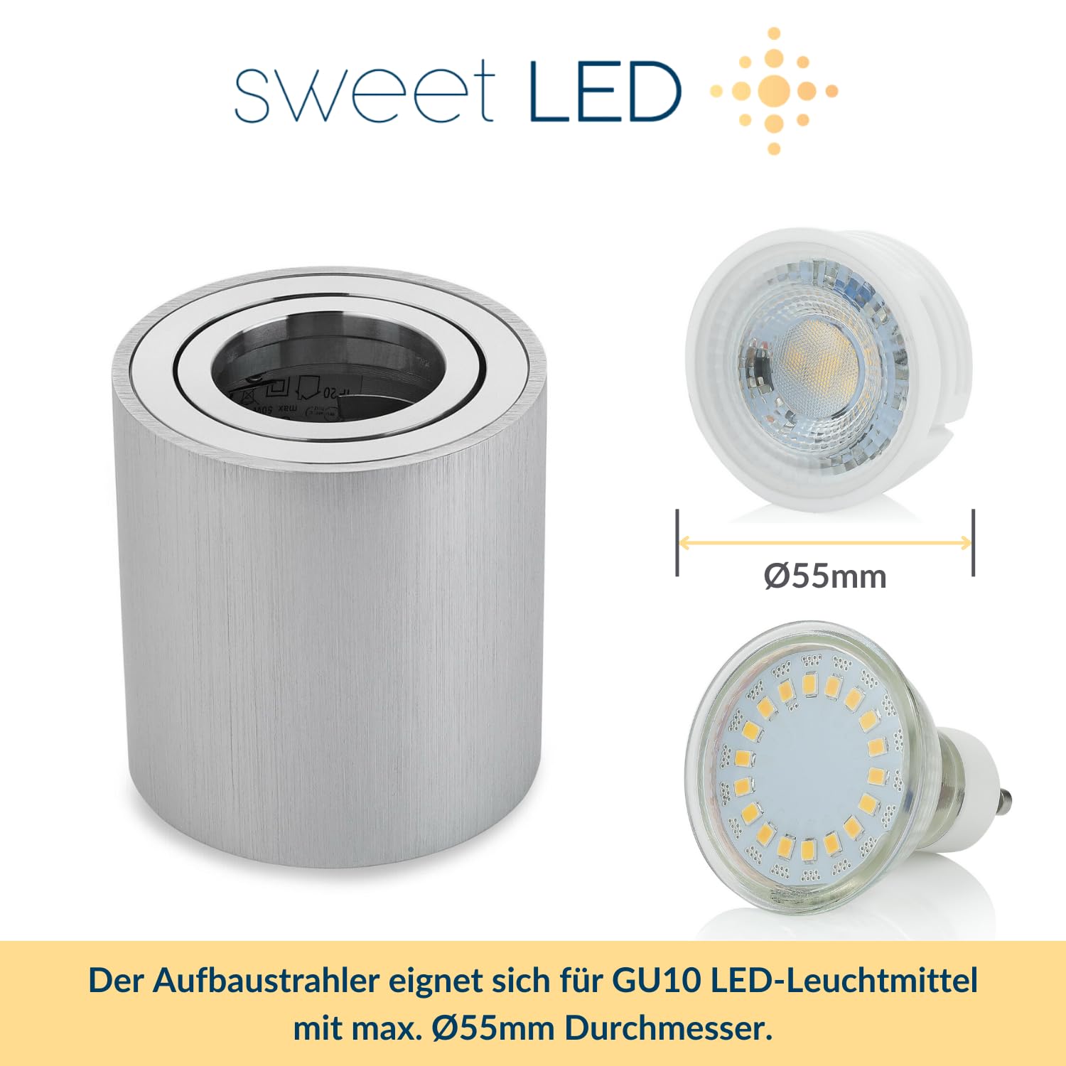 Sweet LED 4x marco de superficie de aluminio - foco de superficie IP20 orientable con casquillo GU10, 230V - focos de superficie redondos - 80x84mm, plateado