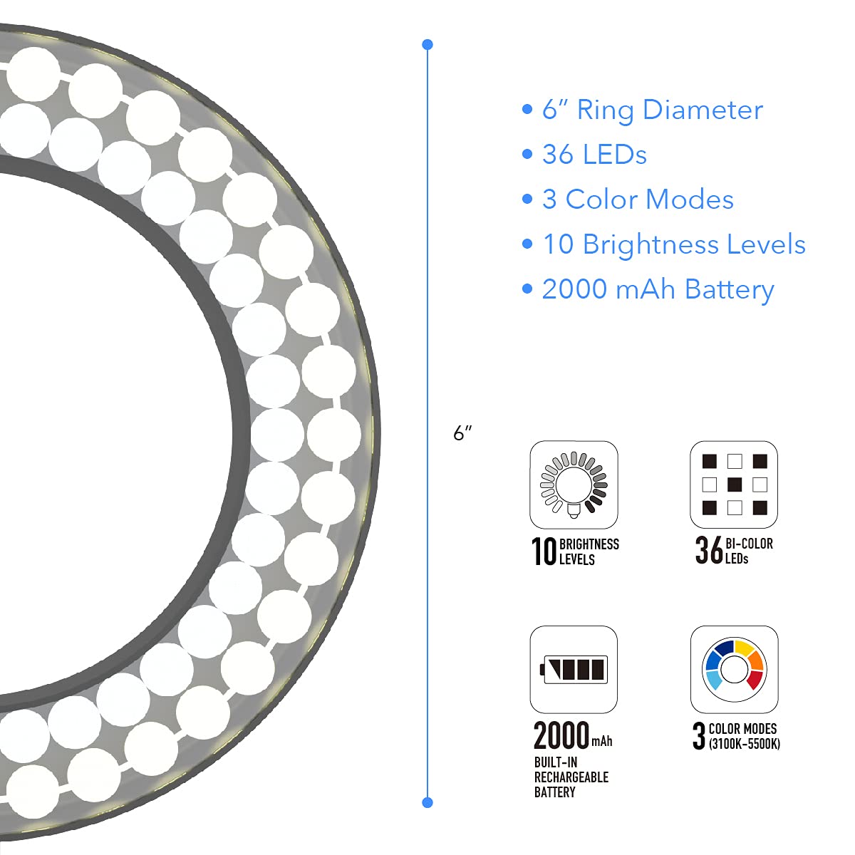 DigiPower LED Ringlicht Schreibtischlampe mit Smartphone- und Tablet-Halterung inkl. Akku, höhenverstellbar, für Videocalls am Arbeitsplatz und Home Schooling, schwarz, DP-WSH-PH6, weiß