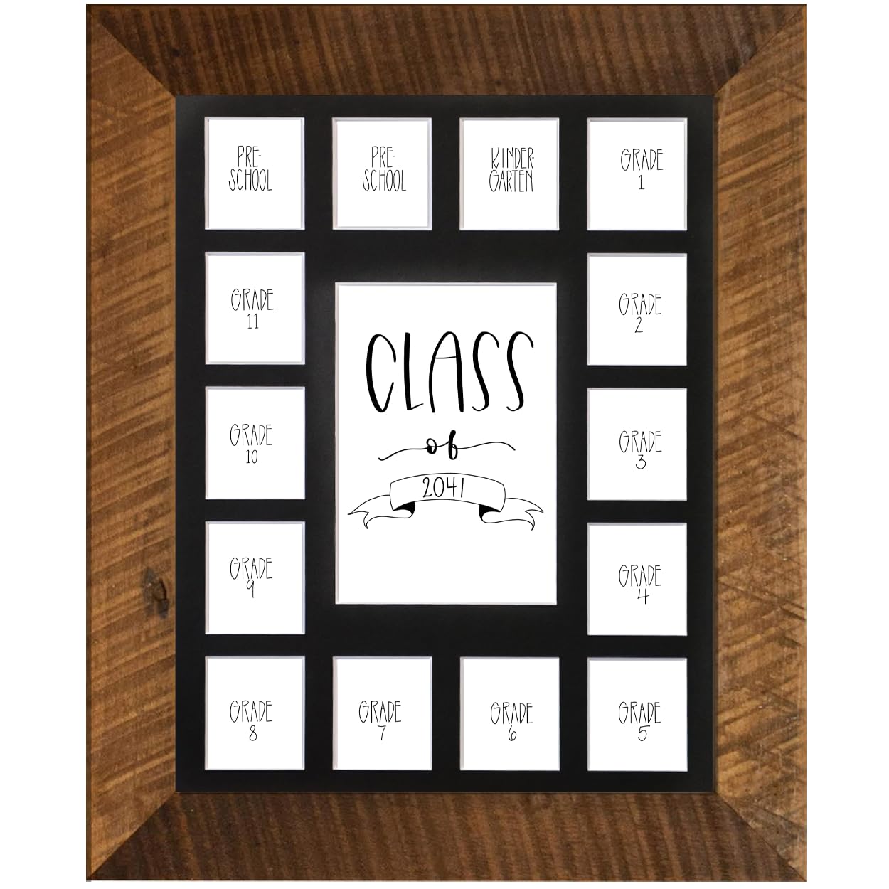Rustic Red Door Co. School Years Reclaimed Wood Picture Frame with Mat - 11x14 Wooden Framed 15 Photo Collage Mat Pre-School &amp; Kindergarten to 12th Grade High School Graduation (Class of 2041, Black)