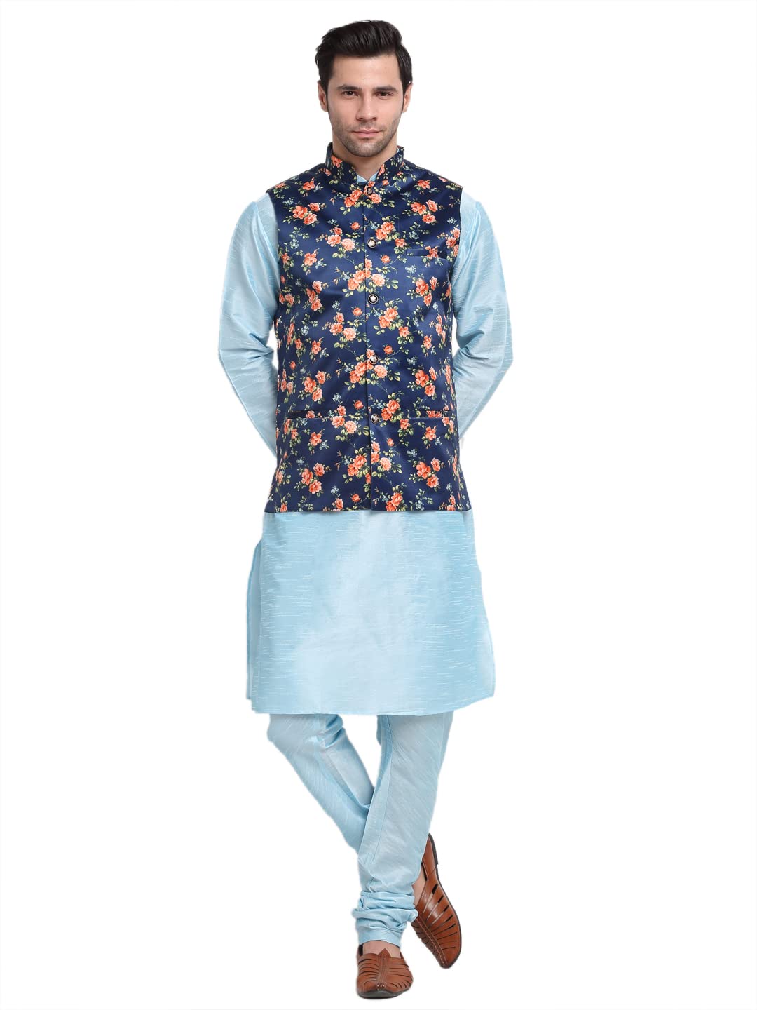 Men Sky Blue Kurta Churidar With Satin Nehru Jacket-image-45