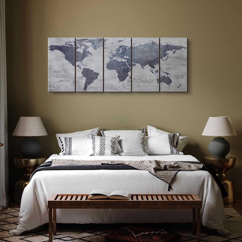 murando Cuadro en Lienzo Mapa del mundo 200x80 cm Impresión de 5 Piezas Material Tejido no Tejido Impresión Artística Imagen Gráfica Decoracion de Pared Gris Concreto k-C-0087-b-m