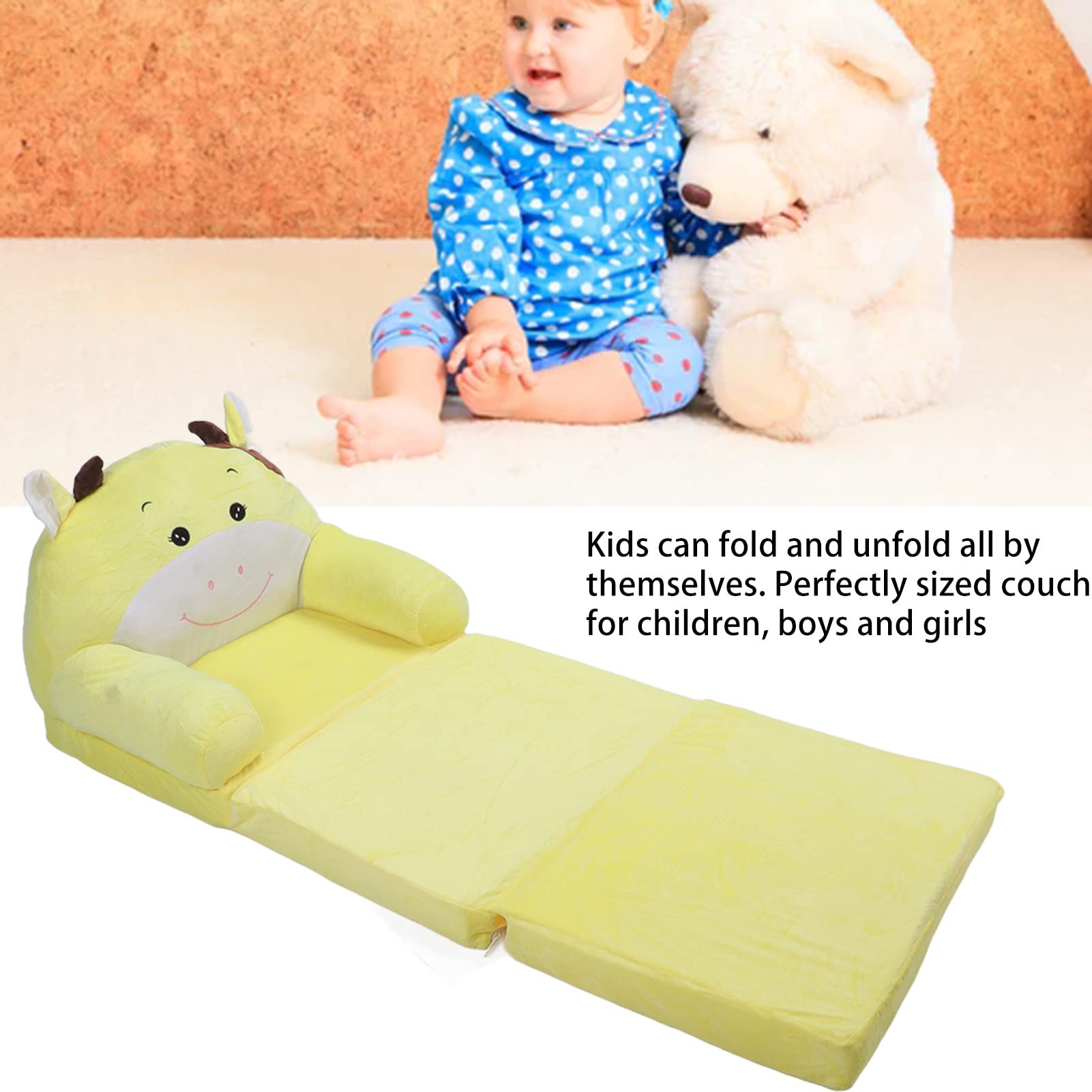Generic Krzesło Sofy dla Niemowląt 1 Rok, Dzieci śpiące Krzesło Kreskówka Składana Sofa dla Dzieci 2 w 1 Klapka Otwarte Kanapa na sofę dla Sofa na sofę żółtą krowę (3 poziom)