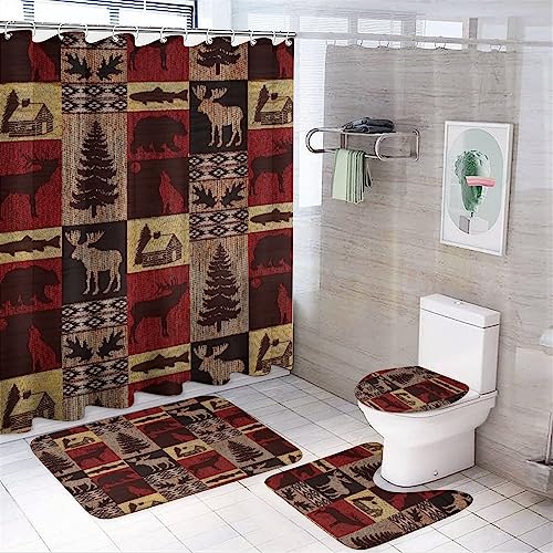 Rustic Cabin Bear 4 Piece Shower Curtain Sets,Vintage Lodge Hunting Theme Check Plaid Deer Bear Non-Slip Rugs,Toilet Lid Cover and Bath Mat,Durable and Waterproof,for Bathroom Decor Set