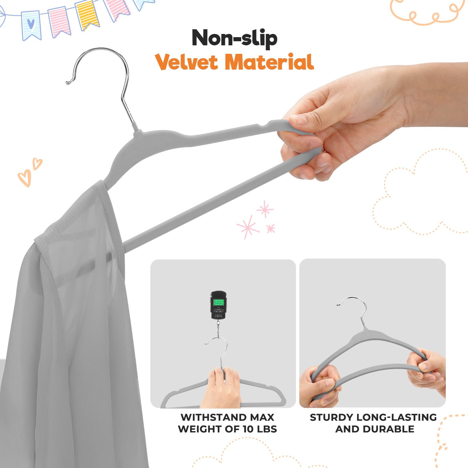 Babyrish Perchas de Terciopelo para bebé con Clips de 28 cm, ultrafinas, Fieltro Antideslizante, Organizador de Ahorro de Espacio para habitación Infantil y niños pequeños, Color Gris, 30 Unidades