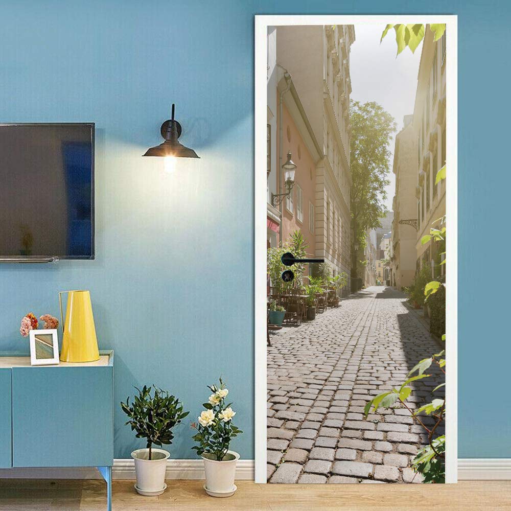 Sticker de porte trompe l'oeil ruelle intérieur papier peint adhésif 88x200