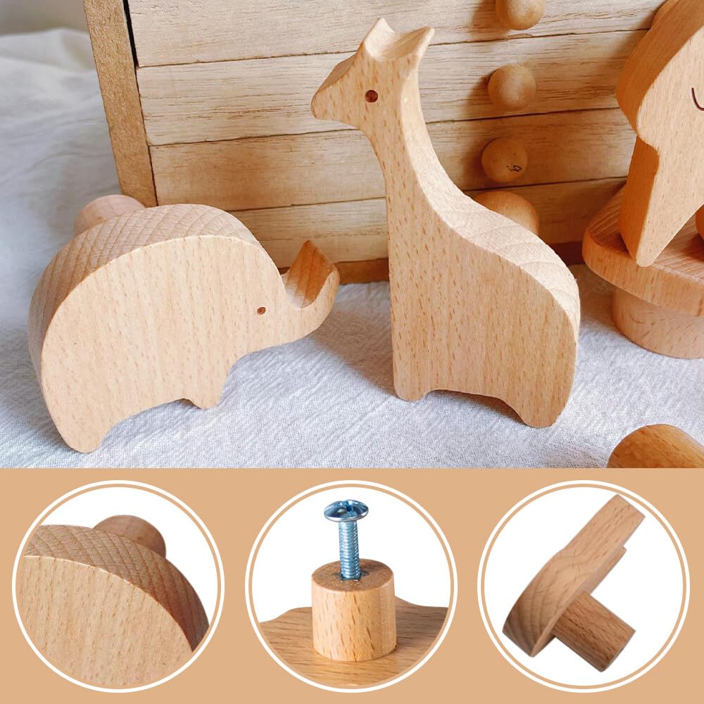 NAVESO 8 pomos de armario de madera para habitación de los niños, tiradores de armario de madera, tiradores de cajones de madera de animales, pomos decorativos de madera con tornillos, pomos para
