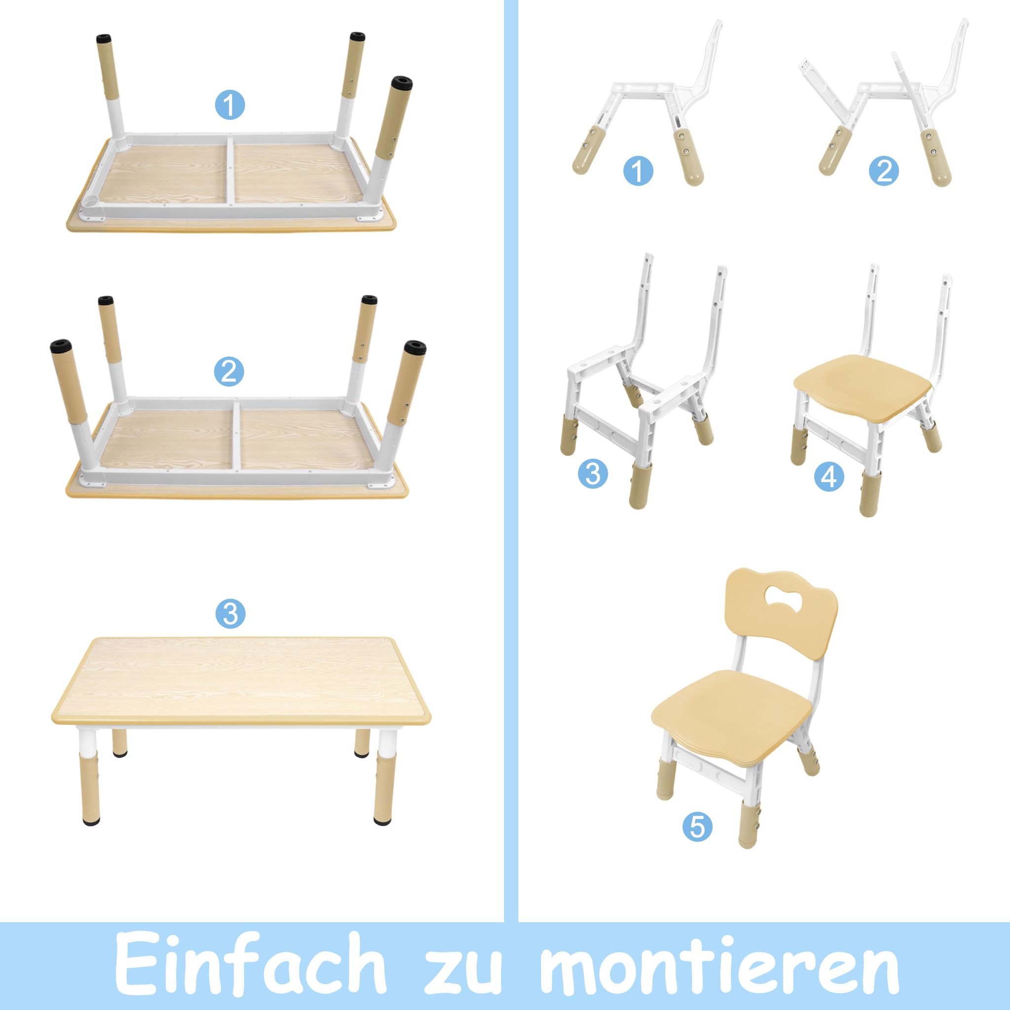LARS360 Set da Tavolo per Bambini con 4 Sedie Regolabili, Set Tavolo Bambini in HDPE&ABS, Mobili Multifunzionali per Bambini a partire da 2 anni (120 x 60 x 60 cm, Colore Legno)