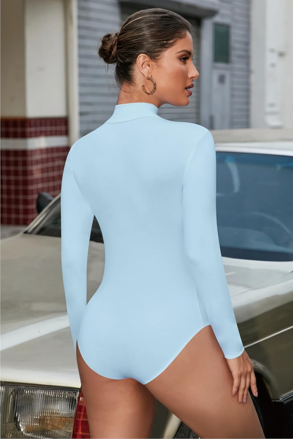 SHEIUGU Mock Neck Turtleneck Long Sleeve Bodysuits for Women Basic Ribbed Bodysuit - Image 2