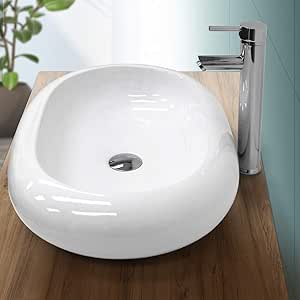 LuxeBath Keramik Waschbecken 63x42cm Oval - Aufsatzwaschbecken Mit Ablaufgarnitur Weiß