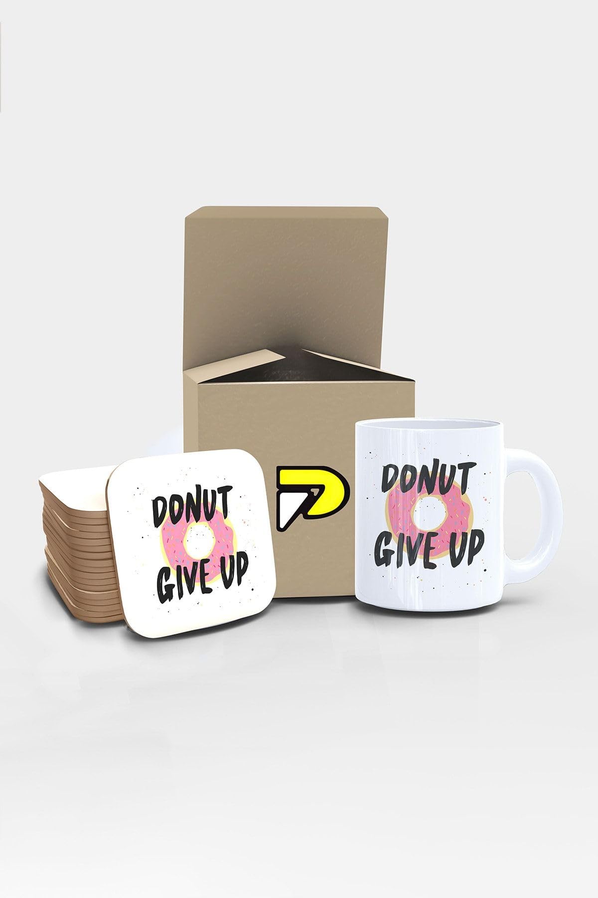 Postermanya Donut Give Up Komik Tasarımlı Baskılı Kupa Bardak Seti, Eğlenceli Özel Hediye Mug