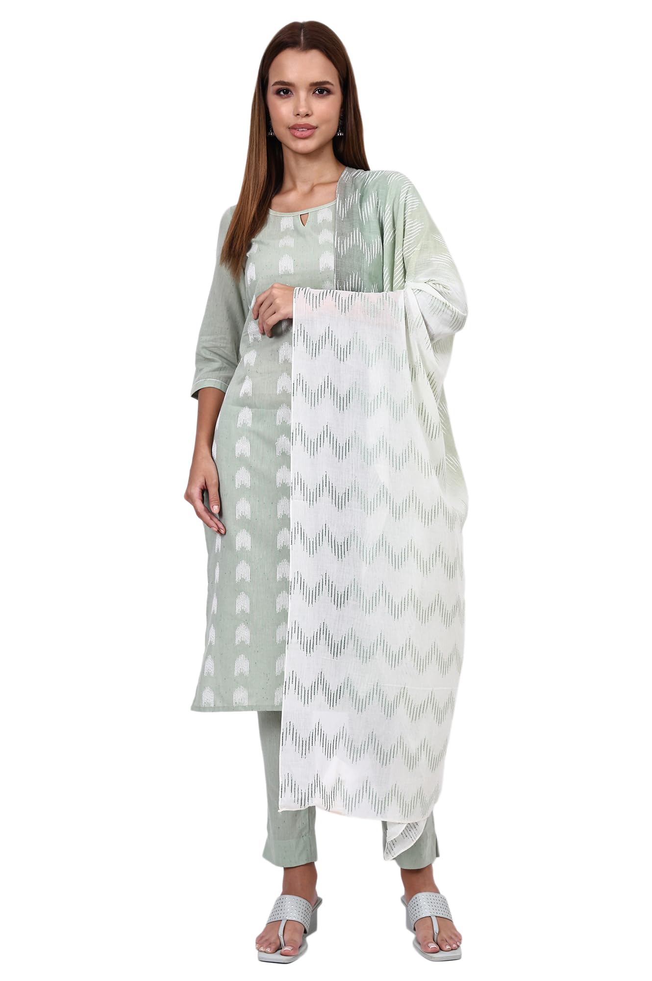 aurelia Women's Green Geometric Printed Yarn Dyed Straight Kurta, Trousers and Dupatta Set-picture-16