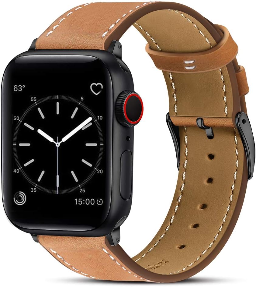 Compatible with Apple Watch Band 42mm 44mm, Genuine Leather Replacement Band Compatible with Apple Watch Series 5 4 (44mm) Series 3 2 1 (42mm), Brown Band/Black Adapter