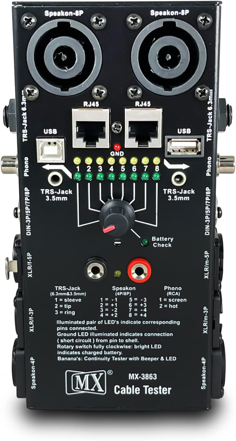 MX Cable Tester Line Finder with LED Indicators XLR TRS RJ45 USB with Battery Check Multi-Function Wire Tracker and Checker for Home and Studio