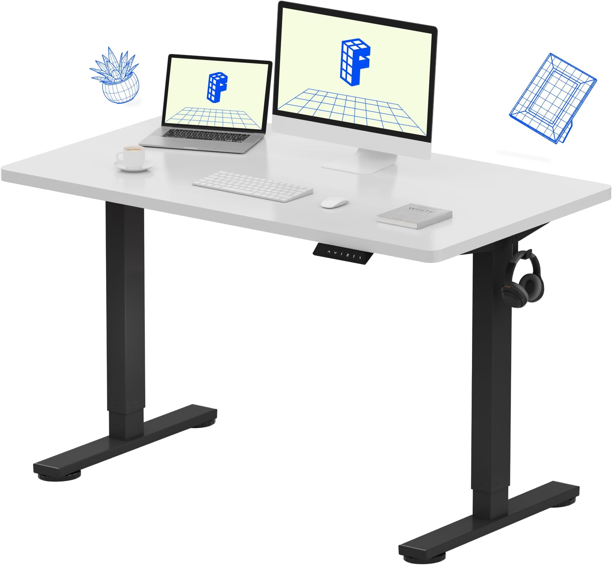 FLEXISPOT EN1 One-Piece Standing Desk with 1-Inch Thick Desktop, 48"x24" Electric Height Adjustable Desk for Home Office & Multi-Device Workstations, White