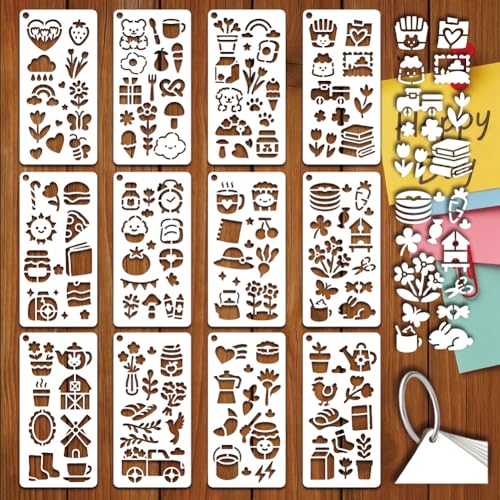 GOMAKERER 12 hojas de plantillas simples de elementos de dibujos animados para pintar, 12 estilos de flores kawaii, libro de perro, nube, casa, plantilla de dibujo, plantillas de arte reutilizables
