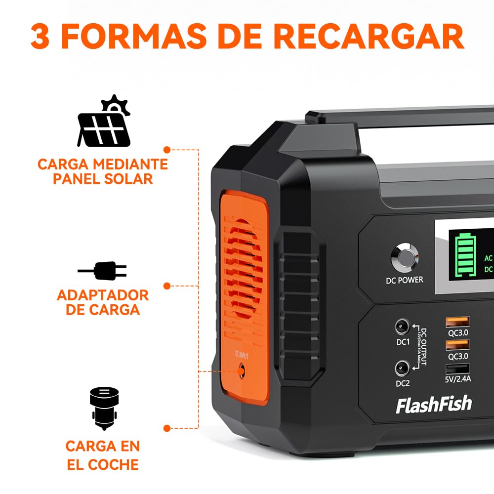 FlashFish estacion de energia portatil 200W, 151Wh Generador Solar, Salida de CA de 230V, Batería de Emergencia, Generador Electrico Portatil para Acampar, Aventuras y Emergencias