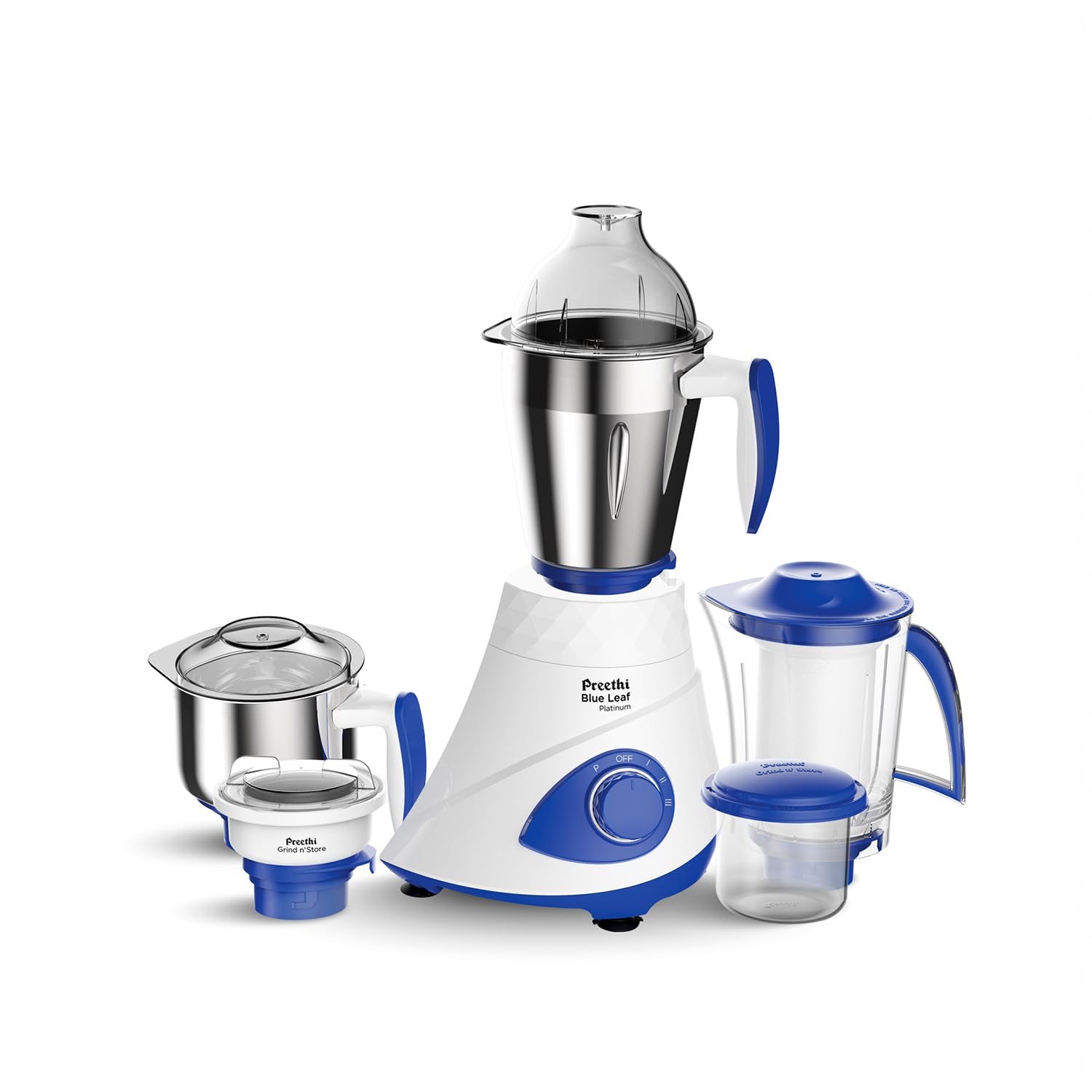Preethi Blue Leaf Platinum MG 139 mixer grinder, 750 watt, White, 4 jars - Super Extractor juicer Jar & Storage Air-Tight Container, FBT motor with 5yr Warranty & Lifelong Free Service, Standard