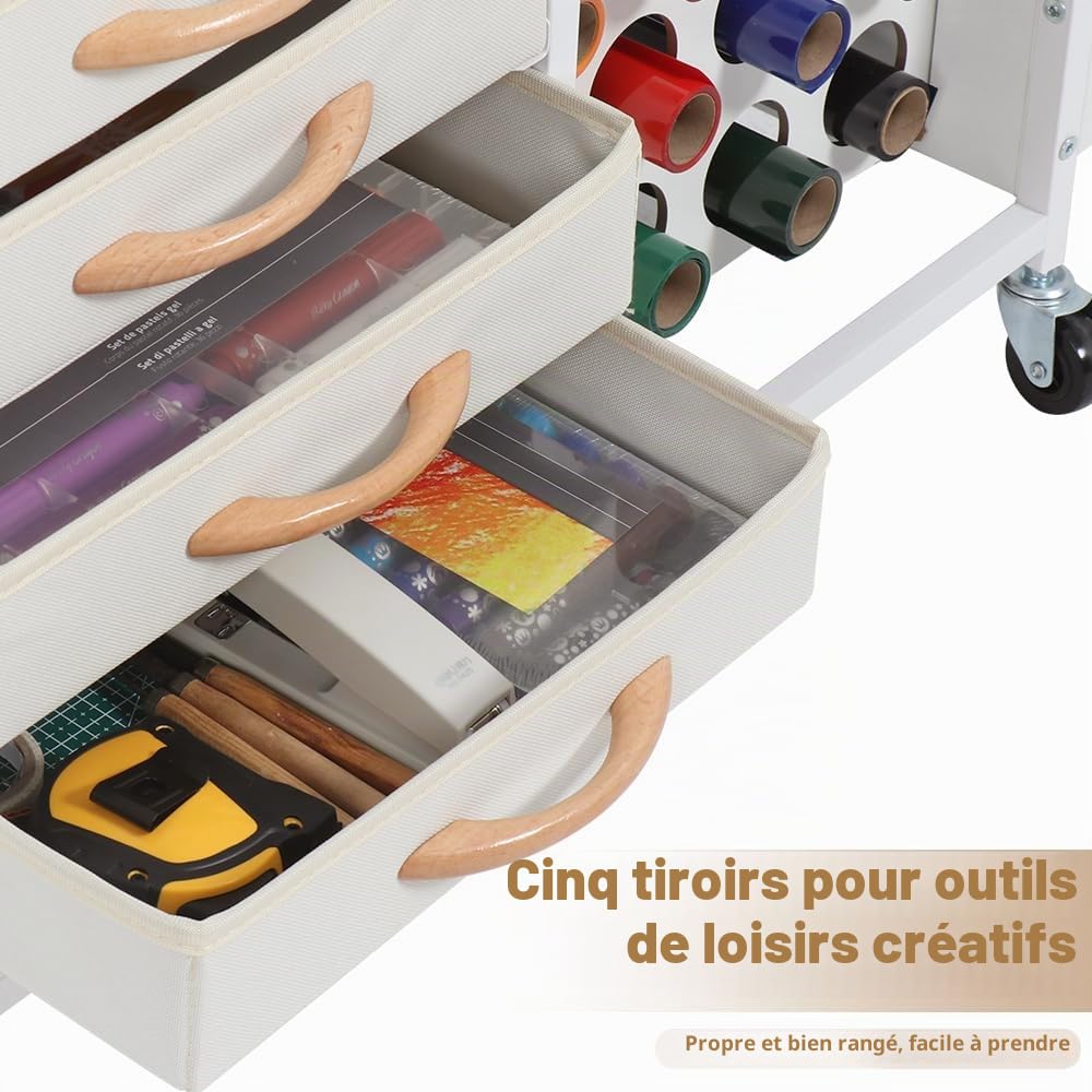 SMONTER Table d'organisation et de rangement pour machines Cricut, chariot roulant avec 28 supports de rouleau de vinyle et 5 tiroirs, support de presse à chaud avec crochets