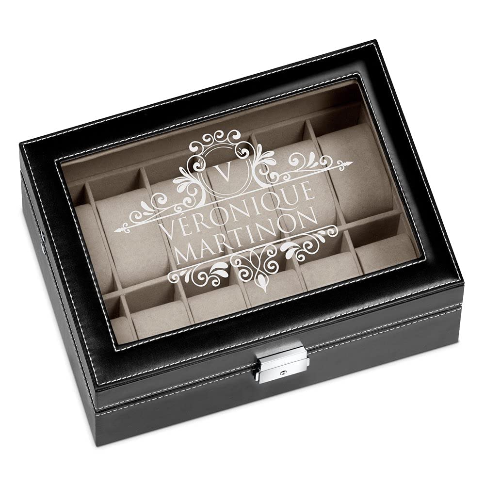 Maverton Boîte à montres avec un couvercle transparent, Coffret noir à personnaliser, Étui pour 12 montres avec vitrine gravée, Coffre à trésors - cadeau pour femmes - monogramme