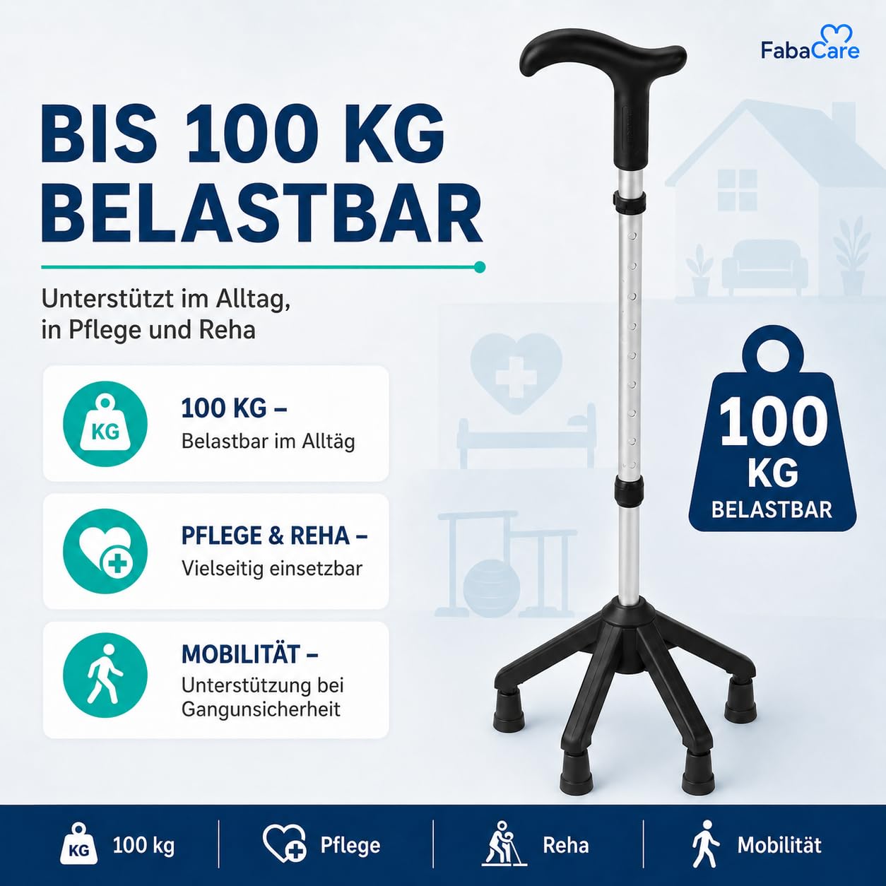 FabaCare Vierfuß Gehstock Quadro mit anatomisch geformten Griff, Vierfußgehstütze, Vierfußgehhilfe, Gehhilfe, Gehrahmen bis 100 kg