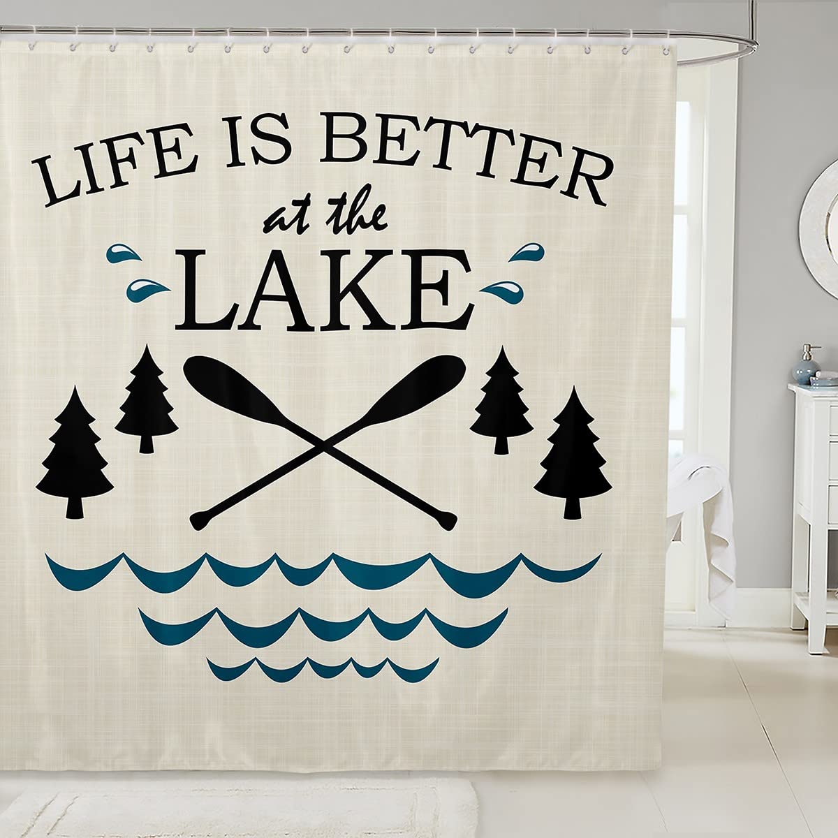 Lake House Shower Curtain Lake Waves and Paddle Print Waterproof Curtain Lake Life Themed Bathroom Curtain for Kids Girls Boys Adults Room Decor
