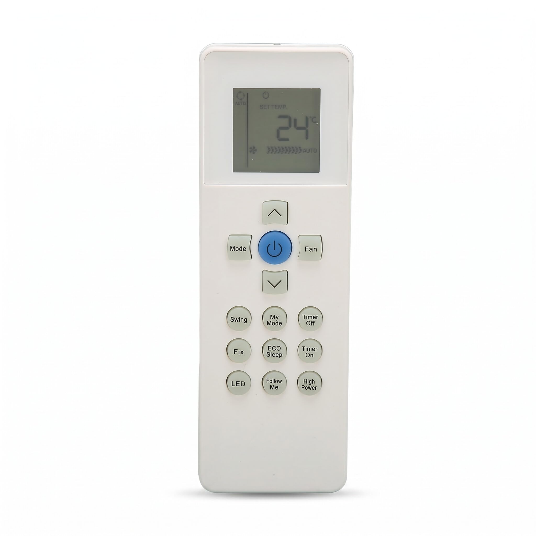 Hand holding the Bewinner remote control, pointing it towards an air conditioner unit