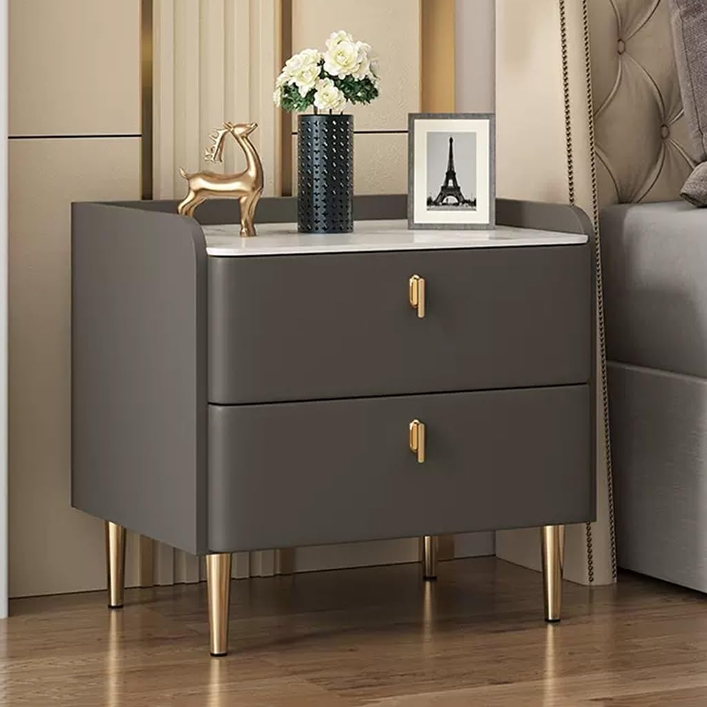 ASerZenith Nightstand Wrapped By Leather,Bedside Table W/Metal Handles And Marble Tabletop,Wood Night Stand 2 Drawer Dresser,Dark Gray-45Cm