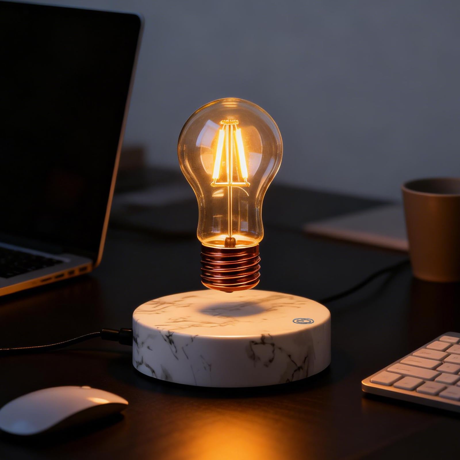Magntive Schwebende Lampe, schwimmende schwebende Glühbirne mit rundem Marmorsockel, Schreibtischlampe, kabellose schwimmende LED-Lampe, einzigartiges Geschenk, modernes minimalistisches Nachtlicht
