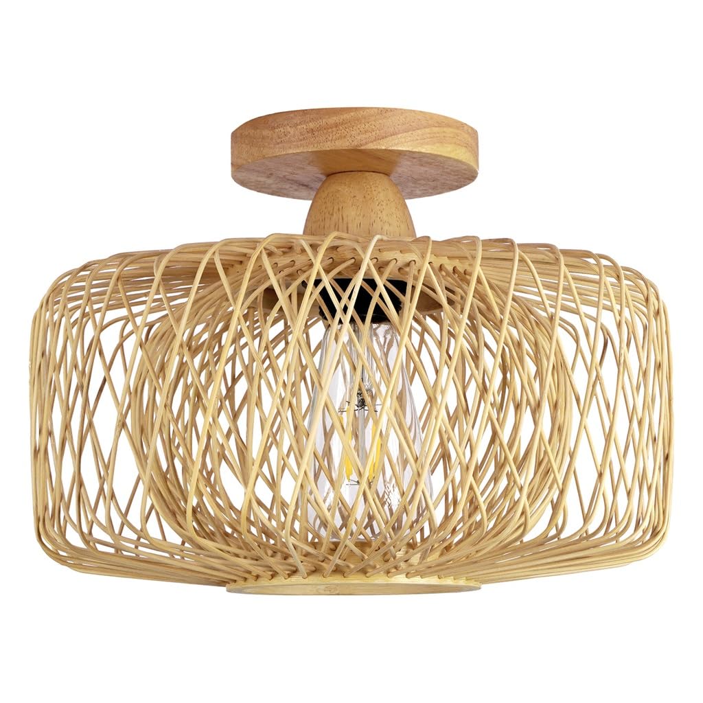 Plafonnier en bambou salon lustre abat-jour bois tissé main bohemien